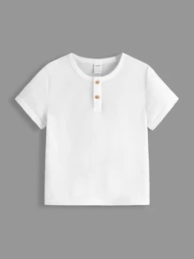 SHEIN Young Boy Buttoned Faux Placket Round Neck Short Sleeve T-Shirt, Casual Everyday Wear For Summer