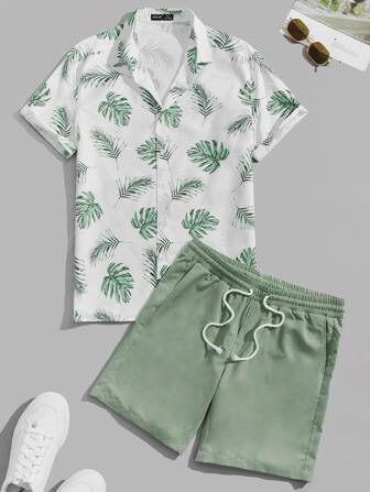 Guys Tropical Print Shirt & Drawstring Waist Shorts