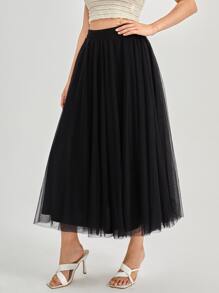 SHEIN Privé High Waist Mesh Flare Skirt - Black - View 3