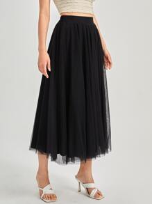 SHEIN Privé High Waist Mesh Flare Skirt - Black - View 4