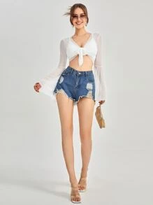 SHEIN Essnce Tie Front Trumpet Sleeve Mesh Top - White - View 4