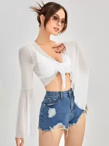 SHEIN Essnce Tie Front Trumpet Sleeve Mesh Top - White - View 5