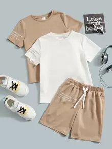 SHEIN 男孩3入組標語圖案T恤和腰部抽繩運動短褲 - 彩色 - 查看 1