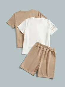 SHEIN 男孩3入組標語圖案T恤和腰部抽繩運動短褲 - 彩色 - 查看 2