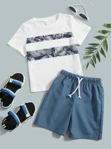 SHEIN Young Boy Tropical Print Top & Shorts Set - Blue and White - View 1