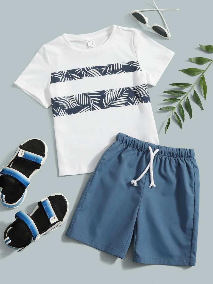 SHEIN Young Boy Tropical Print Top & Shorts Set - Blue and White - View 1