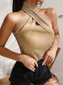 SHEIN Privé Wrap Cross Backless Halterneck Ribbed Knit Top - Khaki - View 2
