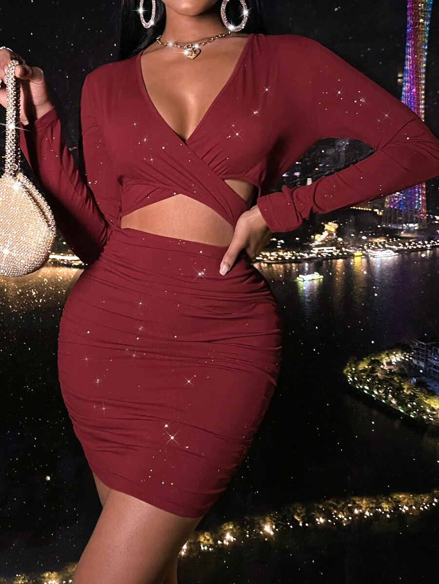 Plunge Neck Cut Out Front Bodycon Dress - Burgundy - View 1