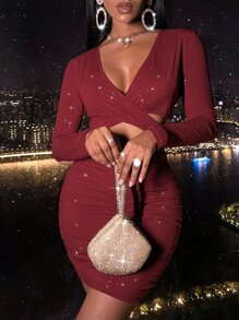 Plunge Neck Cut Out Front Bodycon Dress - Burgundy - View 5