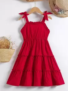 SHEIN 小女童褶邊蝴蝶結背帶吊帶連衣裙 - 酒紅色 - 查看 1