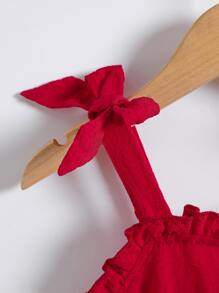 SHEIN 小女童褶邊蝴蝶結背帶吊帶連衣裙 - 酒紅色 - 查看 3