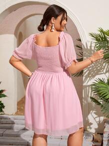 SHEIN Unity Plus Ruched Frill Trim Shirred Dress - Baby Pink - View 2