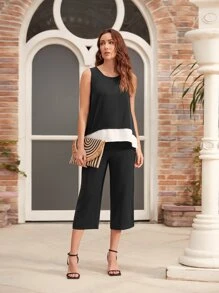 EMERY ROSE 無袖撞色上衣和七分褲 - 黑色 - 查看 1