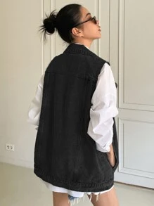DAZY Single Breasted Sleeveless Denim Coat Women Jacket,Fall Women Clothes - Black - View 3