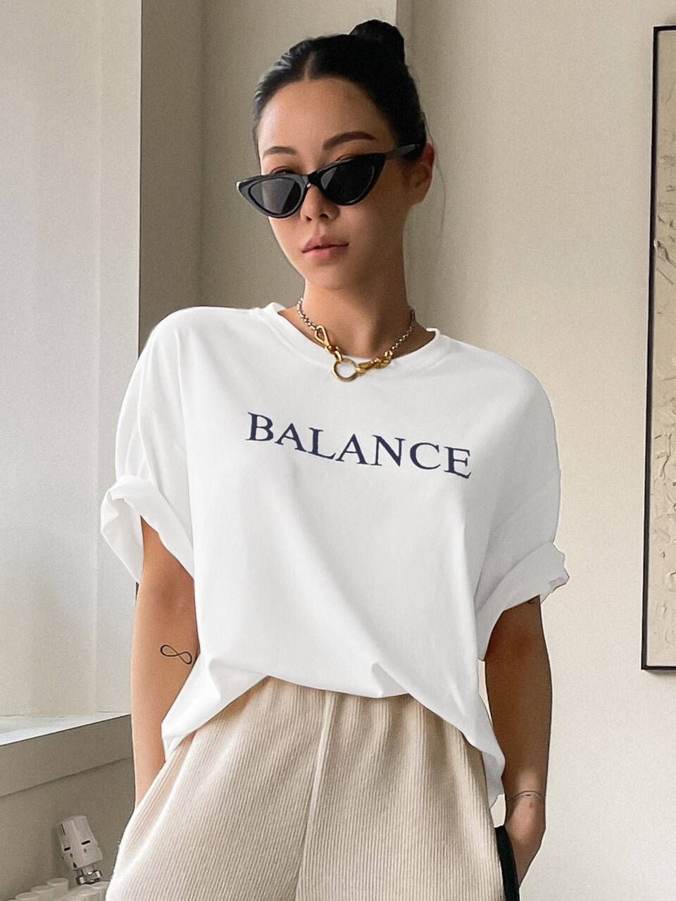 Letter Print Drop Shoulder Tee Summer Preppy Tops