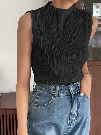 DAZY Business Casual Plain Texture Stand Collar Tank Top Summer