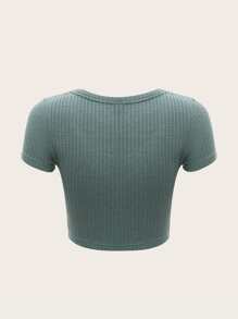 SHEIN EZwear 素色短款紋理質感針織T恤 - 薄荷藍 - 查看 2