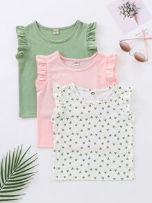 SHEIN Young Girl 3pcs Heart Print Ruffle Sleeve Tee