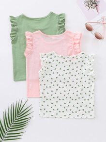 SHEIN Young Girl 3pcs Heart Print Ruffle Sleeve Tee