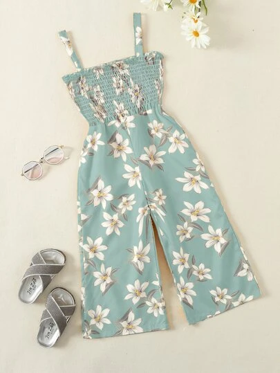 SHEIN Macacão Cami Frisado Floral Com Encaixe Elástico Para Meninas Jovens