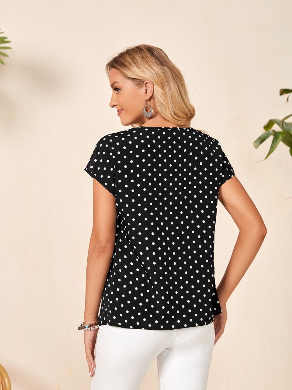 Women's V-Neck Color-Block Lace Round Hole Swiss Dot Short Sleeve Batwing Blouse Shirt White Shirt Women Blouses Teacher Shirts