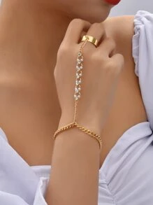 鑽石和人造珍珠裝飾的連指手套手鍊 - 金黃色 - 查看 4