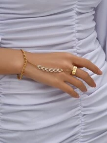 鑽石和人造珍珠裝飾的連指手套手鍊 - 金黃色 - 查看 5