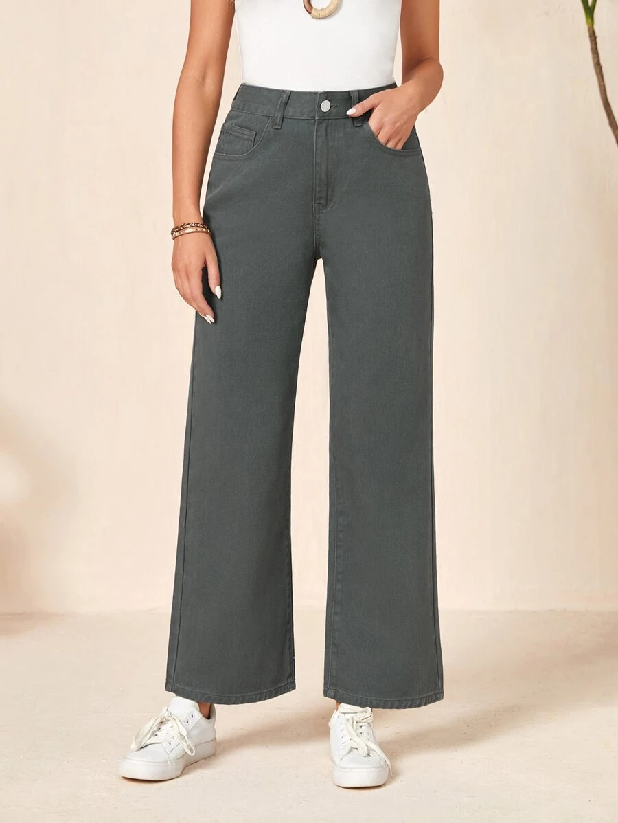 Jeans rectos con lavado medio de piedra - Gris Oscuro - Ver 1