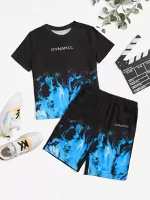 SHEIN Tween Boy Fire & Letter Graphic Top & Shorts Set - Multicolor - View 1
