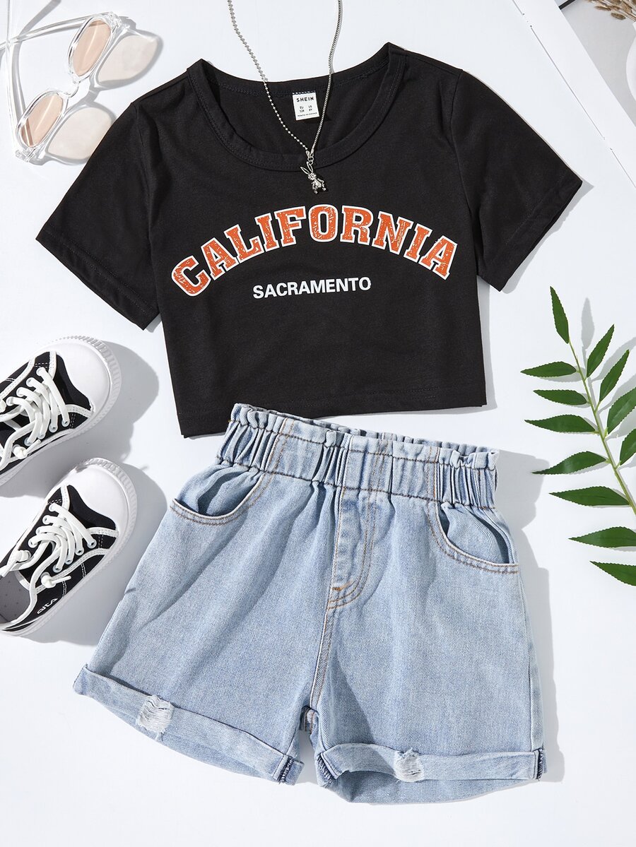 SHEIN Bộ hai mảnh Gái Bị tách Quần paper-bag Lá thư Giải trí - màu đen - Xem 1