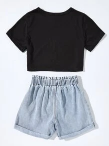 SHEIN Bộ hai mảnh Gái Bị tách Quần paper-bag Lá thư Giải trí - màu đen - Xem 2