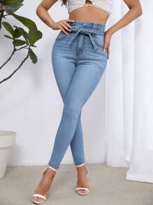 SHEIN Essnce High Waist Belted Skinny Jeans