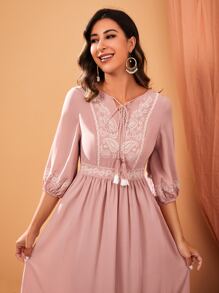 Mulvari Đầm Nghề thêu mép Viên lá sen Thắt nơ trước Paisley Boho - Bụi hồng - Xem 3