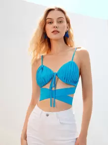 胸部褶皺交叉前繫帶吊帶上衣 - 薄荷藍 - 查看 1