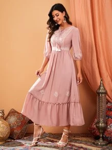 Mulvari Đầm Nghề thêu mép Viên lá sen Thắt nơ trước Paisley Boho - Bụi hồng - Xem 4