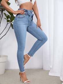 SHEIN Essnce High Waist Belted Skinny Jeans