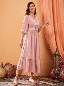 Mulvari Đầm Nghề thêu mép Viên lá sen Thắt nơ trước Paisley Boho - Bụi hồng - Xem 5