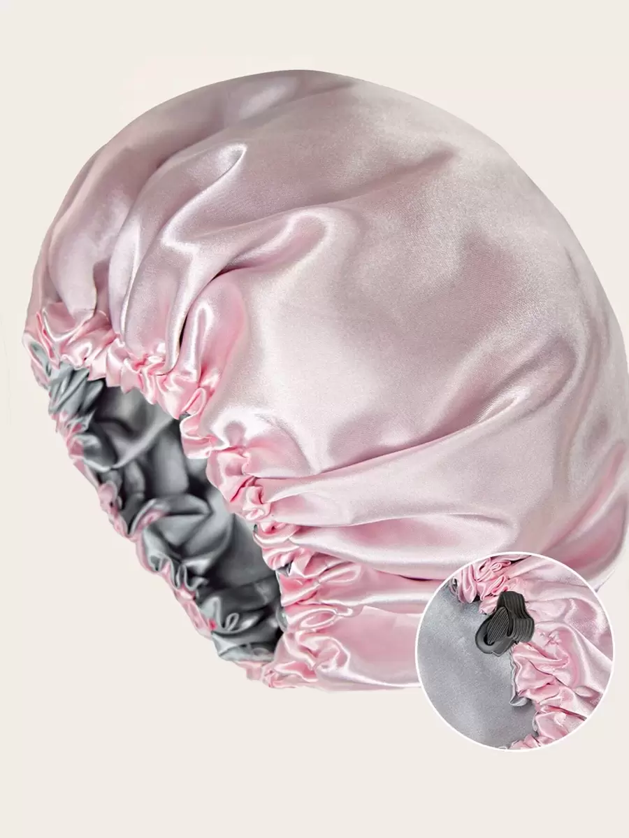 Awegeo 1pc Women's Solid Color Double-Layer Satin Sleep Cap, Adjustable Drawstring & Button, Fashionable Sleep Hat For Daily Wear, Protects & Styles Hair - Baby Pink - View 1