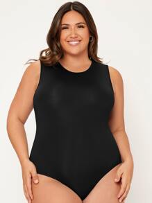SHEIN BASICS Plus Solid Slim Fit Bodysuit - Black - View 1