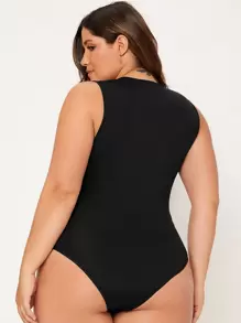 SHEIN BASICS Plus Solid Slim Fit Bodysuit - Black - View 2