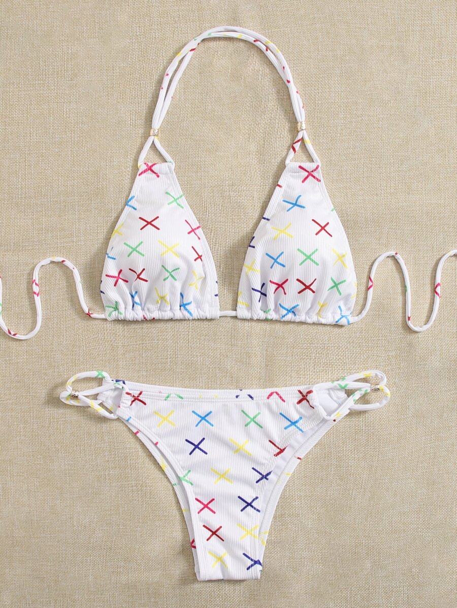 Letter Graphic Tie Back Halter Bikini - Multicolor - View 1