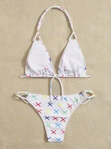 Letter Graphic Tie Back Halter Bikini - Multicolor - View 2