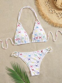 Letter Graphic Tie Back Halter Bikini - Multicolor - View 5