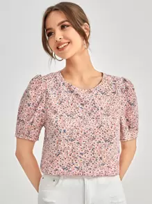 SHEIN Clasi 小碎花泡泡袖上衣 - 彩色 - 查看 4