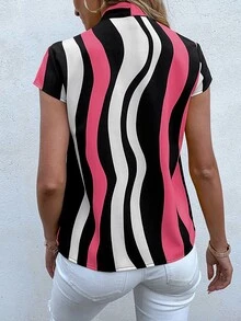 SHEIN LUNE Block Striped Tie Neck Blouse - Multicolor - View 2