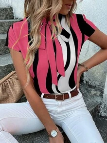 SHEIN LUNE Block Striped Tie Neck Blouse - Multicolor - View 4