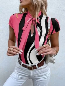 SHEIN LUNE Block Striped Tie Neck Blouse - Multicolor - View 5