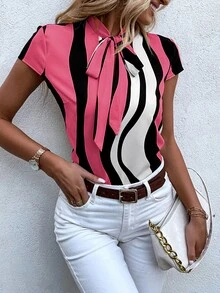 SHEIN LUNE Block Striped Tie Neck Blouse - Multicolor - View 6