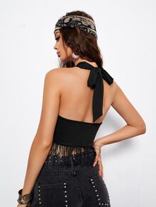 Cross Wrap Fringe Hem Tie Backless Halter Top - Black - View 2