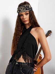 Cross Wrap Fringe Hem Tie Backless Halter Top - Black - View 5
